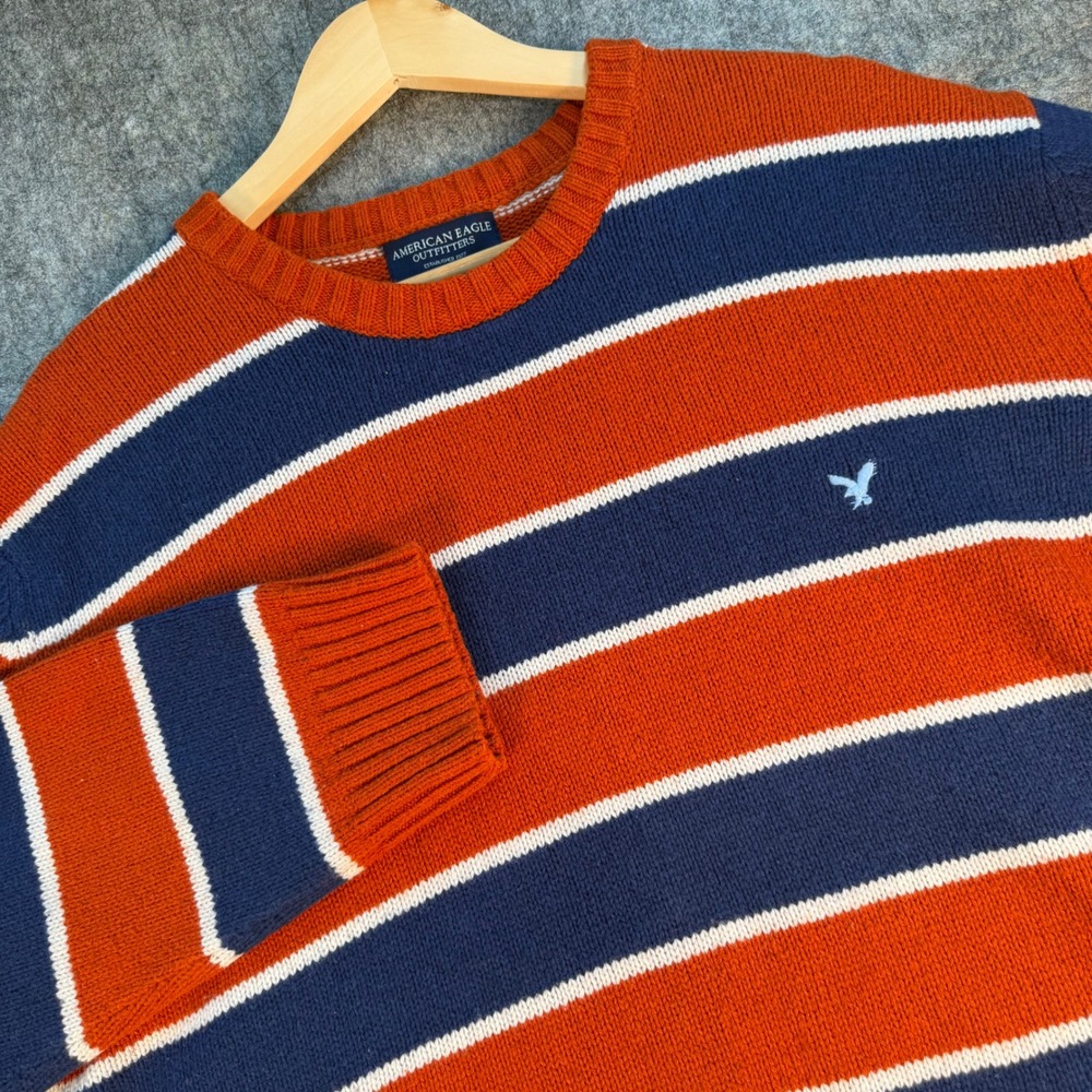 American Eagle Outfitters Mens XXL Striped Cotton Wool Sweater Orange Navy Blue
